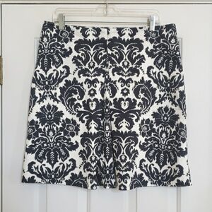 LOFT Black & Ivory Damask A‑Line Skirt  Front Pleat  Fully Lined Office Classic